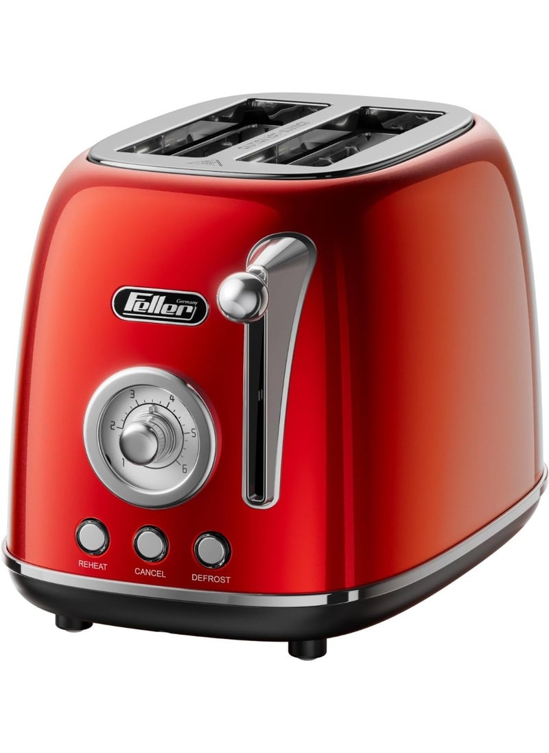 Retro Style 2-Slice Toaster, 815 W, Steel Body, Dust Cover & foldable Bun Warmer,Defrost, Reheat & Cancel Function,Removable Crumb Tray Red Color