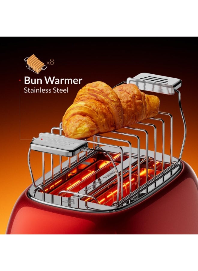 Retro Style 2-Slice Toaster, 815 W, Steel Body, Dust Cover & foldable Bun Warmer,Defrost, Reheat & Cancel Function,Removable Crumb Tray Red Color