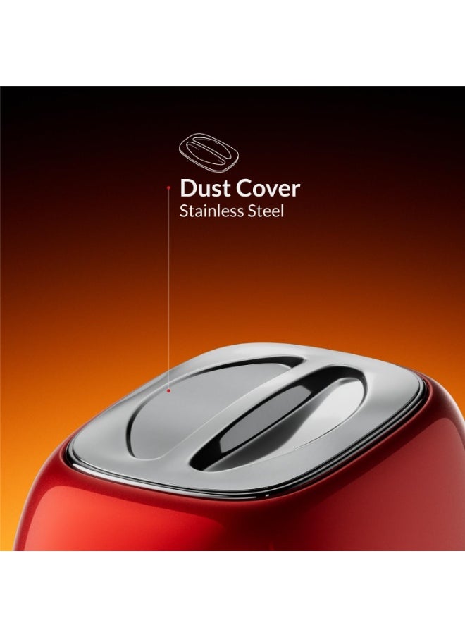Retro Style 2-Slice Toaster, 815 W, Steel Body, Dust Cover & foldable Bun Warmer,Defrost, Reheat & Cancel Function,Removable Crumb Tray Red Color