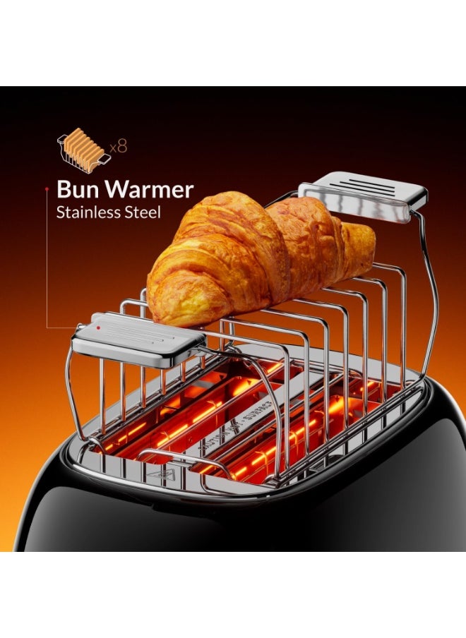 Retro Style 2-Slice Toaster, 815 W, Steel Body, Steel Dust Cover & Bun Warmer,Defrost, Reheat & Cancel Function,Removable Crumb Tray