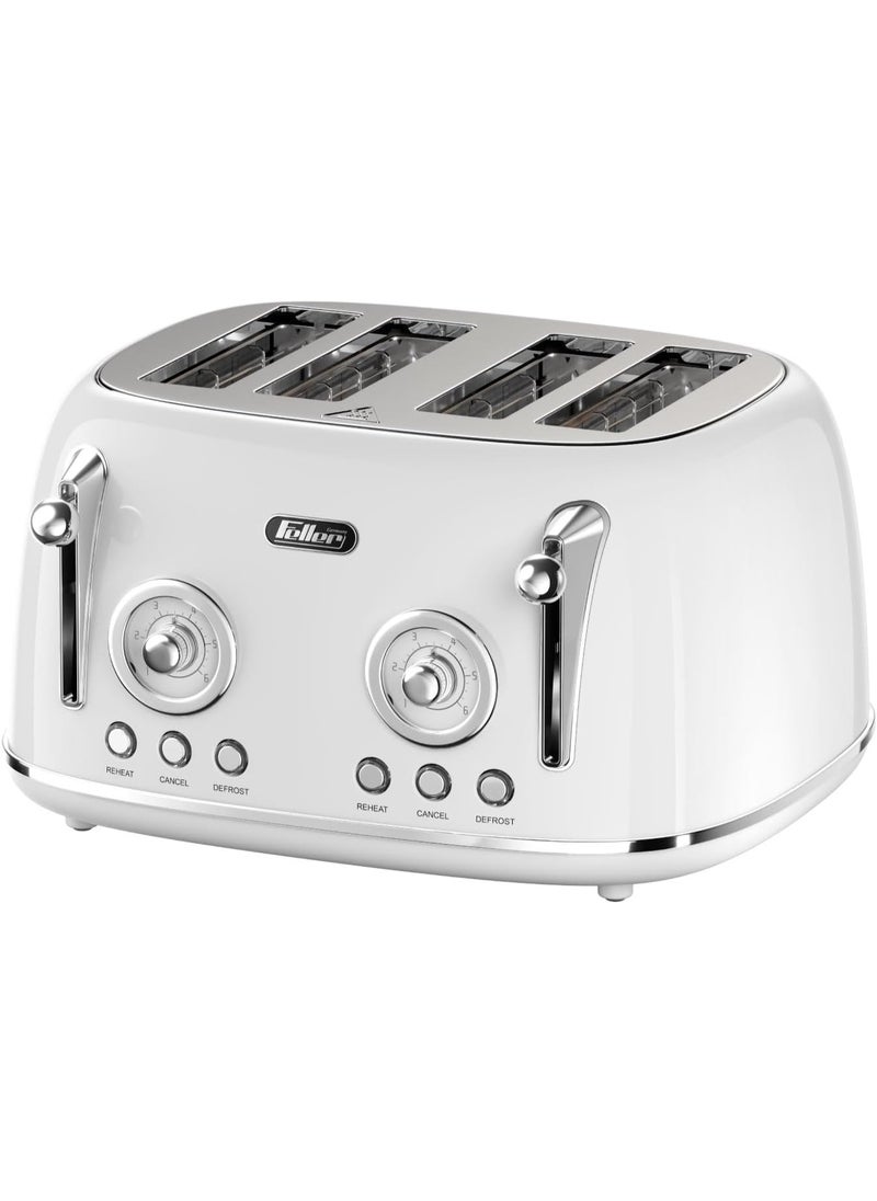 Feller Germany, Retro Style 4-Slice Toaster, 1630 W, Steel Body, 2 Dust Covers & 2 Bun Warmers, Defrost, Reheat& Cancel, 4 Extra wide Bread Slots, Metal Crumb Tray