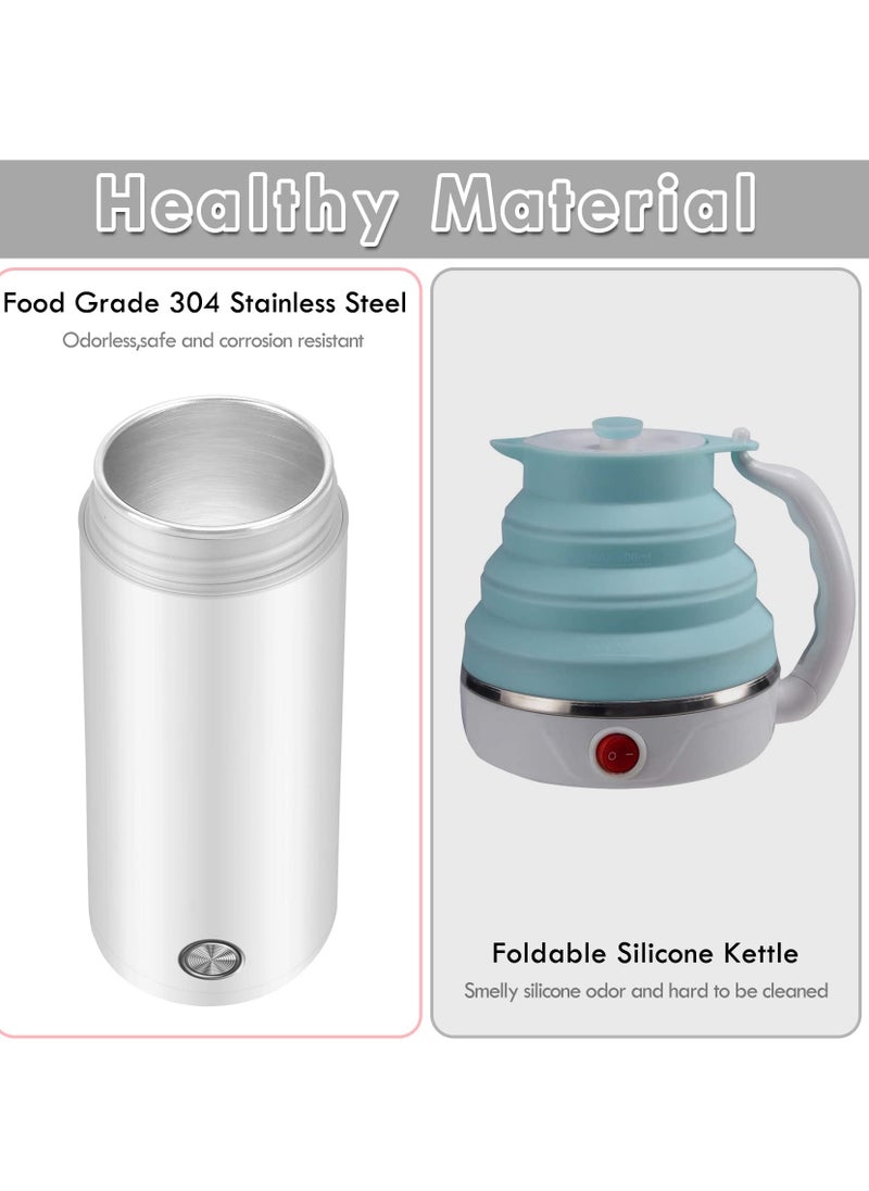 Portable Electric Kettle, 400ml Travel Tea Kettle with Non-stick Coating Double Wall Water Boiler Bottle Insulated Coffee Thermos Mug Fast Boil and Auto Shut Off Hot Water Heater (White)