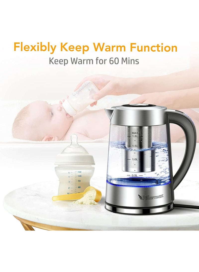 Electric Glass Kettle Temperature Controls with Removable Infuser 1.7 Liters 2200 W. Tea Maker Brewing Programs. Stainless Steel Glass Boiler, BPA-FREE