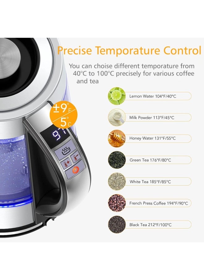 Electric Glass Kettle Temperature Controls with Removable Infuser 1.7 Liters 2200 W. Tea Maker Brewing Programs. Stainless Steel Glass Boiler, BPA-FREE