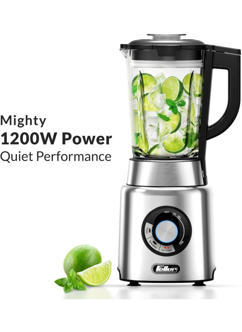 1200W Blender + Grinder Mill, 1.7L Glass Jar, 2x Safety Lock, Ice Crush/Smoothie/Pulse, Tamper, Variable Speed, 6-Finned Blade