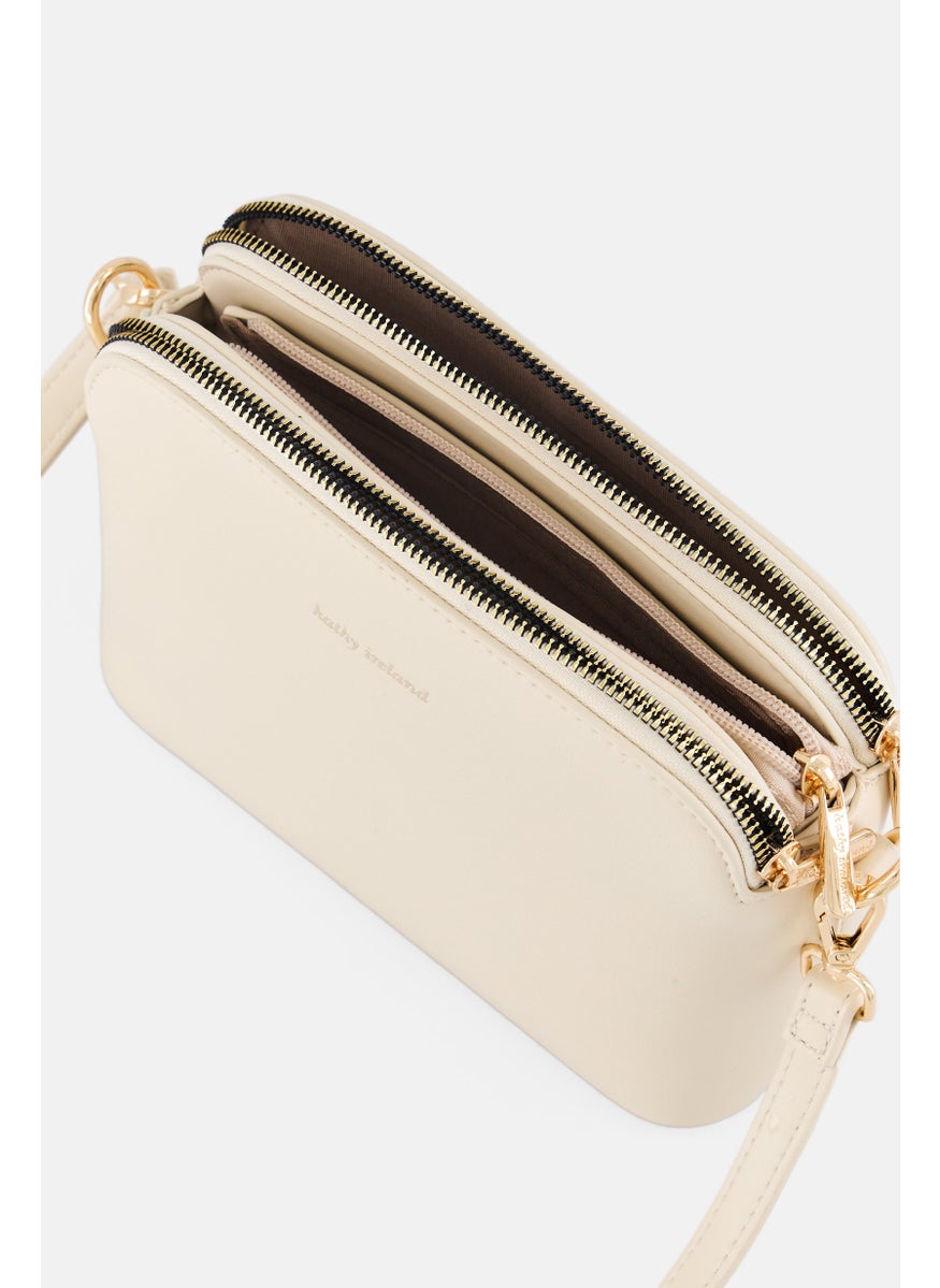 Women Brand Logo Cross Body Bag, Cream