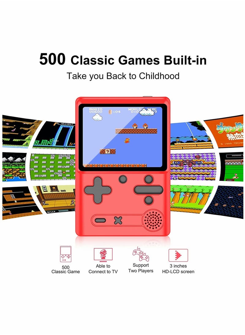 Retro Handheld Game Console with 500 Classical FC Games 3.0 Inches Screen Portable Video Game Consoles Handheld Video Games Support for Connecting TV and Two Players, Red