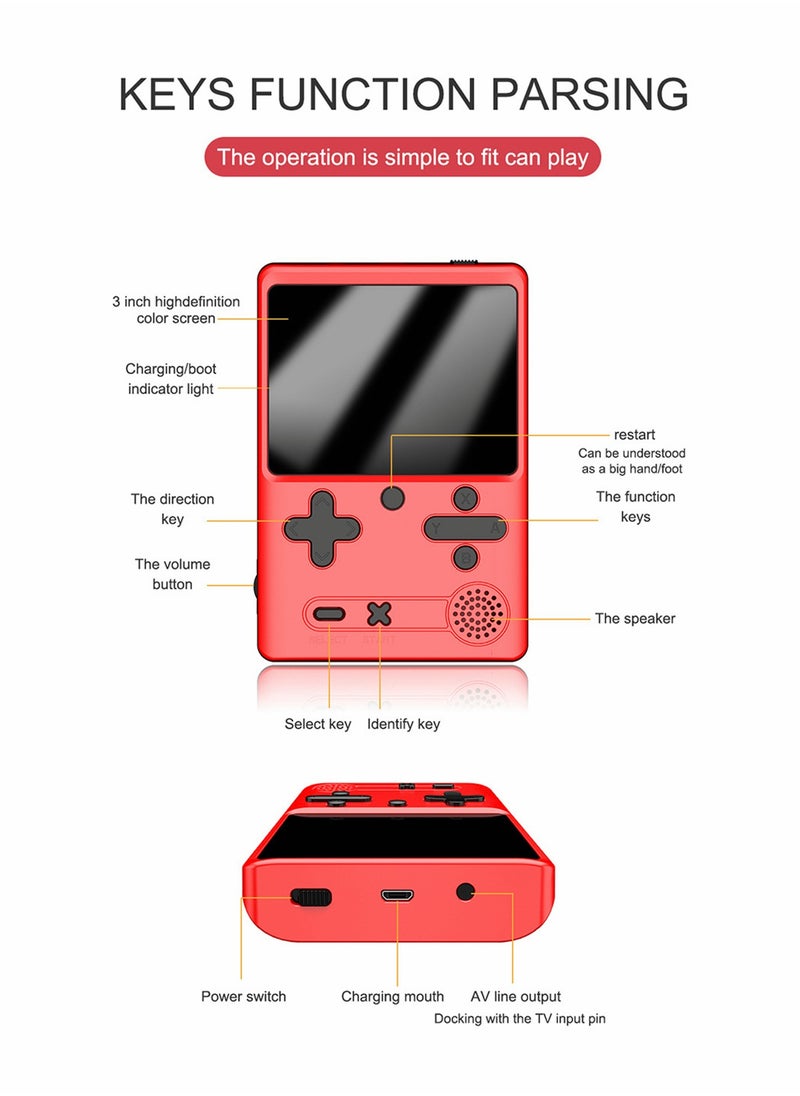 Retro Handheld Game Console with 500 Classical FC Games 3.0 Inches Screen Portable Video Game Consoles Handheld Video Games Support for Connecting TV and Two Players, Red