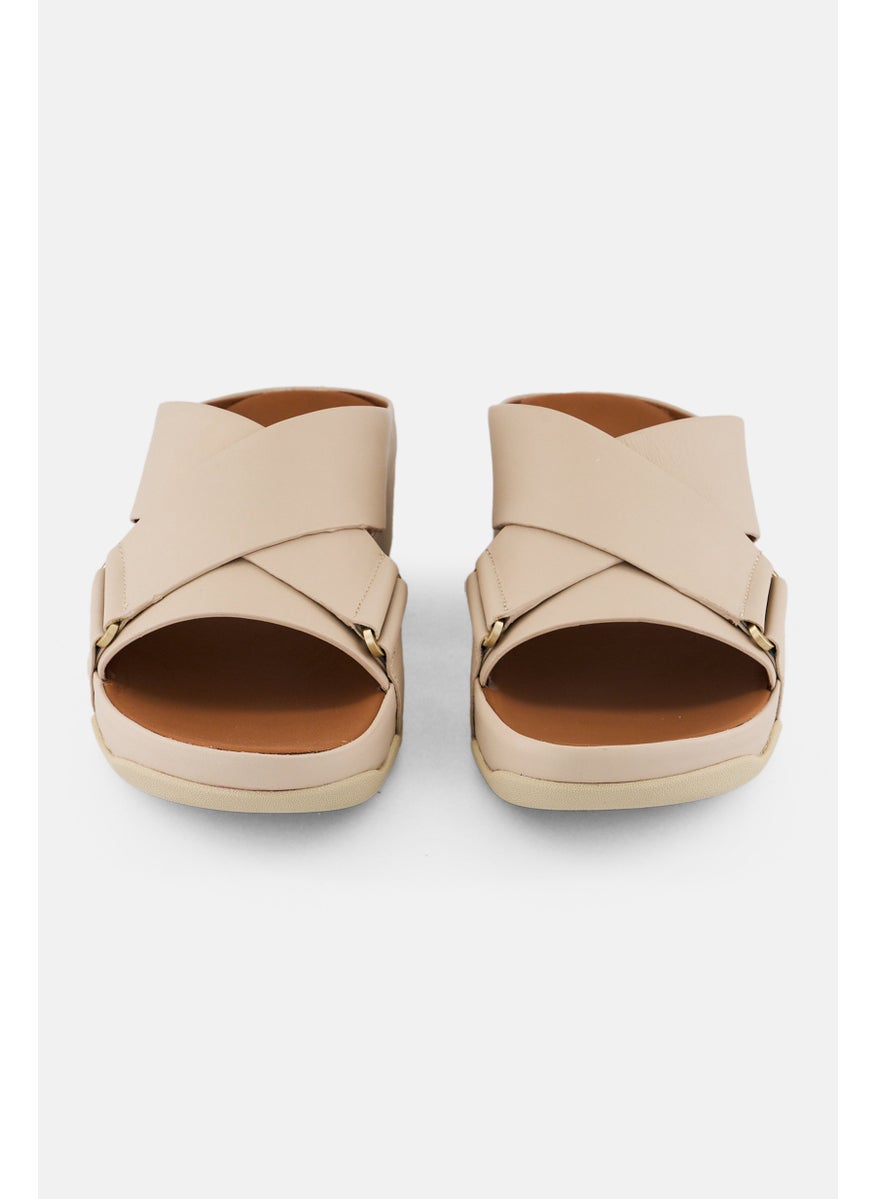 Women Shuv Leather Cross Open Toe Slip On Sandal, Stone Beige