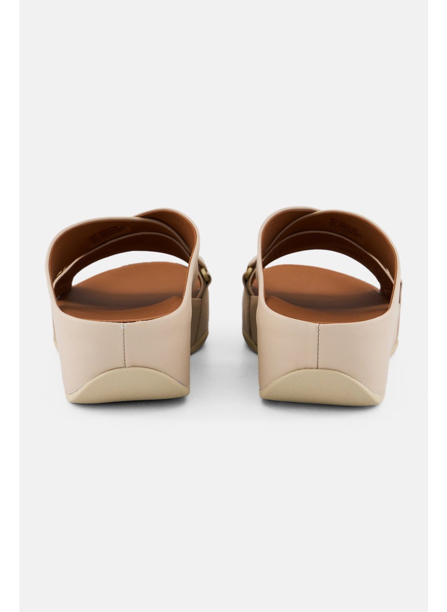 Women Shuv Leather Cross Open Toe Slip On Sandal, Stone Beige