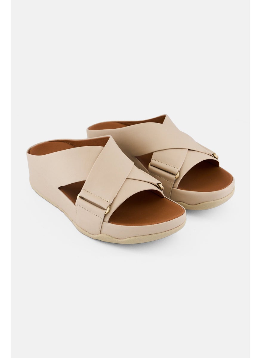 Women Shuv Leather Cross Open Toe Slip On Sandal, Stone Beige