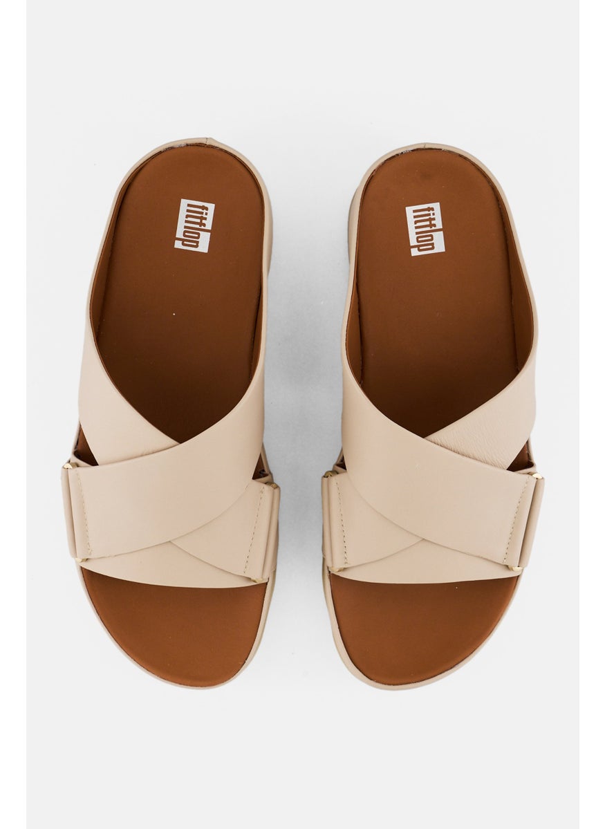 Women Shuv Leather Cross Open Toe Slip On Sandal, Stone Beige