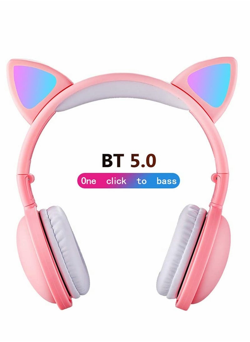 Cute Pink LED Cat Ear Headphones Wireless Bluetooth 5.0 Noise Cancelling Foldable Headset for Kids and Adults