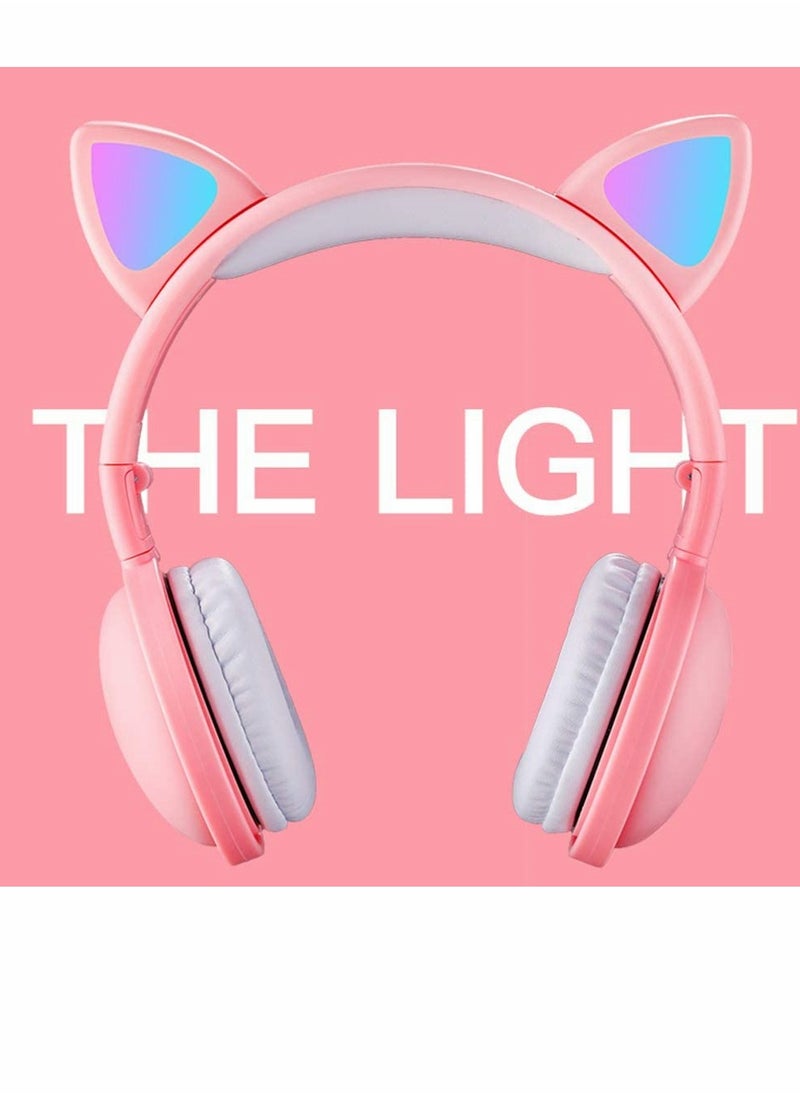 Cute Pink LED Cat Ear Headphones Wireless Bluetooth 5.0 Noise Cancelling Foldable Headset for Kids and Adults