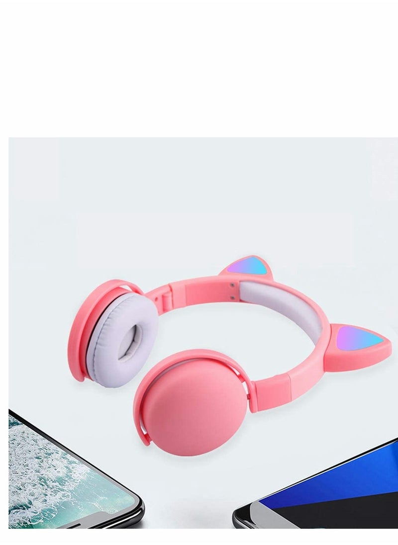 Led Cat Ear Headphones Pink Color Luminous Wireless Headphone Bluetooth 5.0 Headsets Noise Cancelling Foldable Adults Kids Earphone, Cute Earphone for Boys and Girls