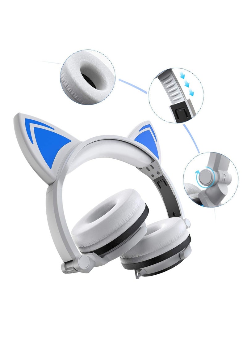 Stereo Headphones, Cat Headphones Foldable Size Adjustable Earphones with Flashing LED Lights for Kids Teens Adults, Compatible for iPad Tablet PC Computer Mobile Phone MP3 White