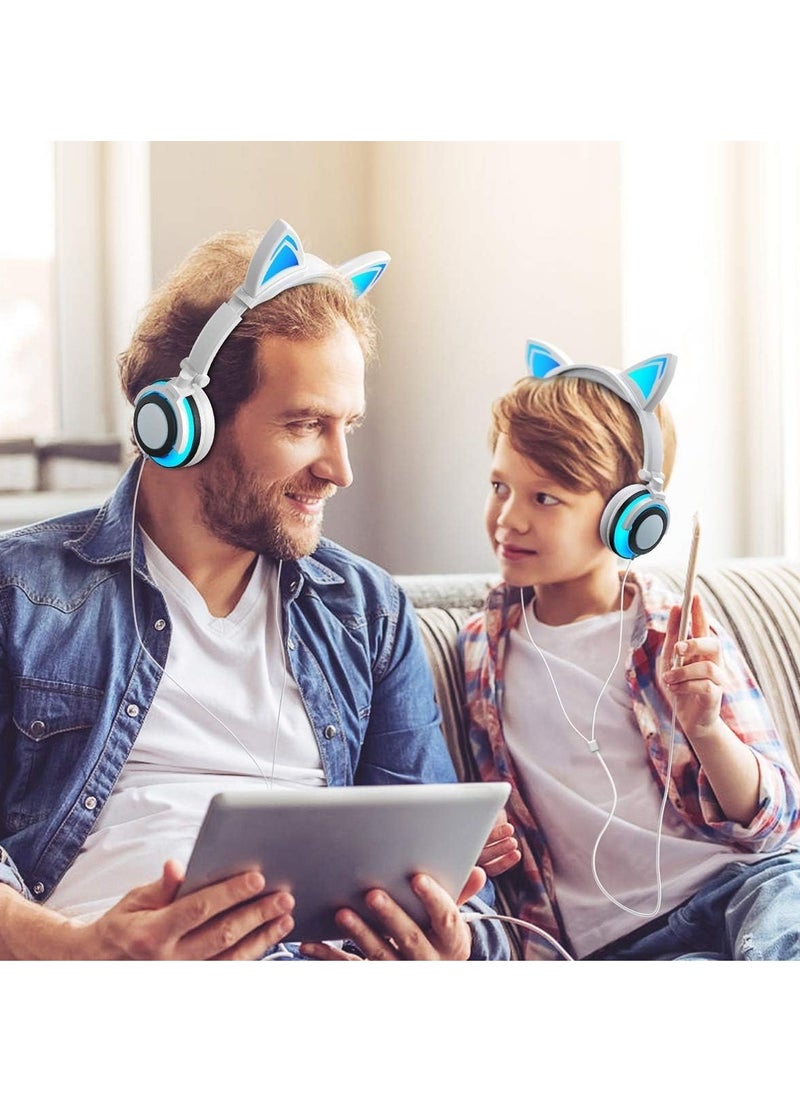 Stereo Headphones, Cat Headphones Foldable Size Adjustable Earphones with Flashing LED Lights for Kids Teens Adults, Compatible for iPad Tablet PC Computer Mobile Phone MP3 White