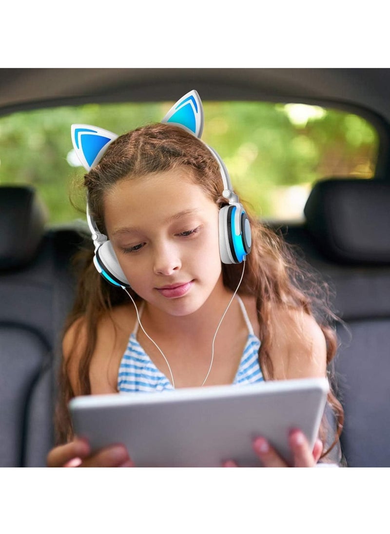 Stereo Headphones, Cat Headphones Foldable Size Adjustable Earphones with Flashing LED Lights for Kids Teens Adults, Compatible for iPad Tablet PC Computer Mobile Phone MP3 White