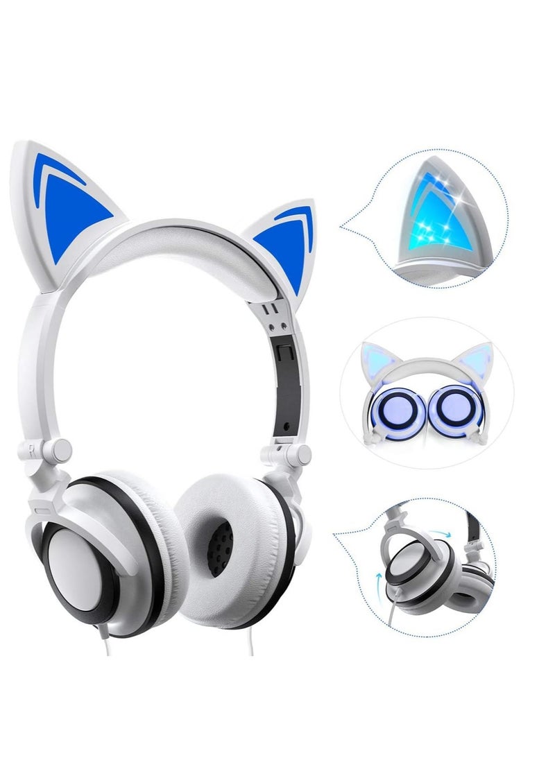 Stereo Headphones, Cat Headphones Foldable Size Adjustable Earphones with Flashing LED Lights for Kids Teens Adults, Compatible for iPad Tablet PC Computer Mobile Phone MP3 White