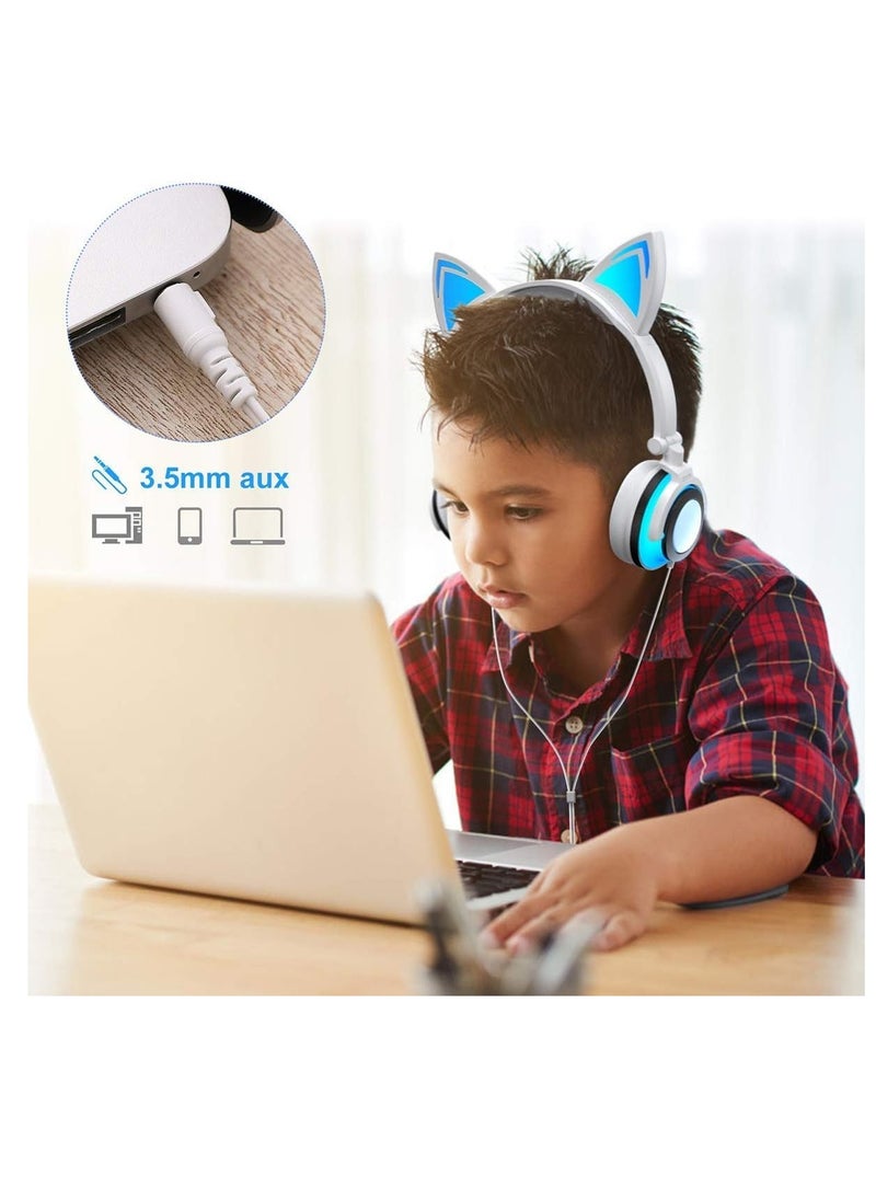 Stereo Headphones, Cat Headphones Foldable Size Adjustable Earphones with Flashing LED Lights for Kids Teens Adults, Compatible for iPad Tablet PC Computer Mobile Phone MP3 White