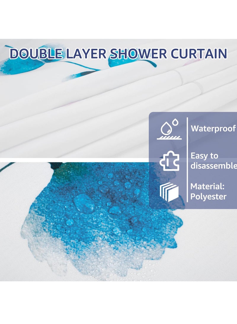 No Hook Shower Curtain with Snap-in Liner, Decorative Floral Double Layer Waterproof Bathroom Curtain, Hotel Style (Cyan)