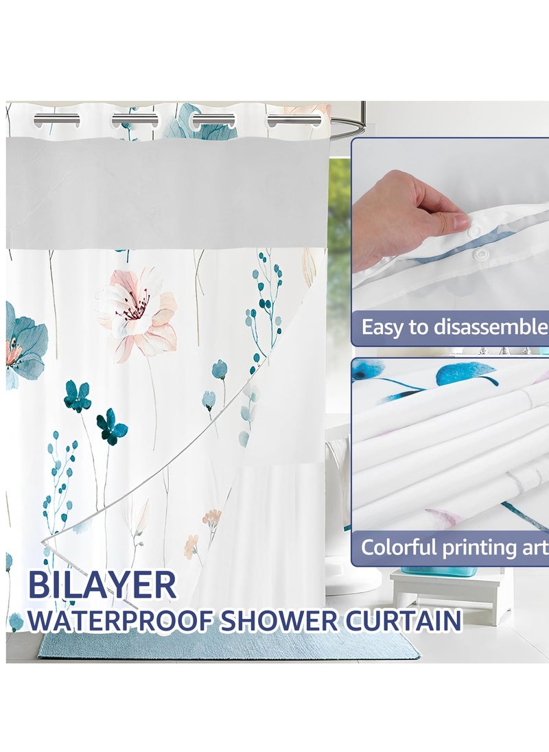 No Hook Shower Curtain with Snap-in Liner, Decorative Floral Double Layer Waterproof Bathroom Curtain, Hotel Style (Cyan)