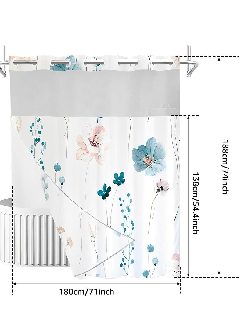 No Hook Shower Curtain with Snap-in Liner, Decorative Floral Double Layer Waterproof Bathroom Curtain, Hotel Style (Cyan)