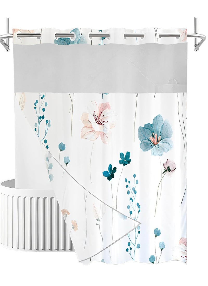 No Hook Shower Curtain with Snap-in Liner, Decorative Floral Double Layer Waterproof Bathroom Curtain, Hotel Style (Cyan)
