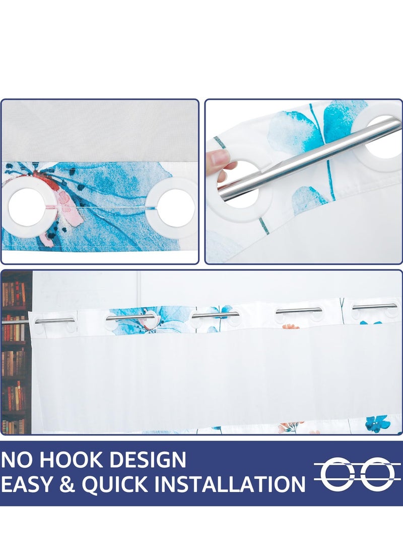 No Hook Shower Curtain with Snap-in Liner, Decorative Floral Double Layer Waterproof Bathroom Curtain, Hotel Style (Cyan)