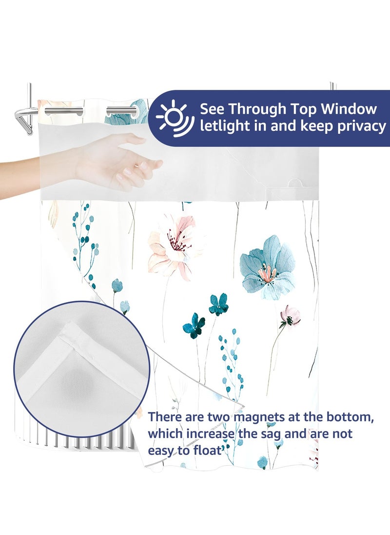 No Hook Shower Curtain with Snap-in Liner, Decorative Floral Double Layer Waterproof Bathroom Curtain, Hotel Style (Cyan)