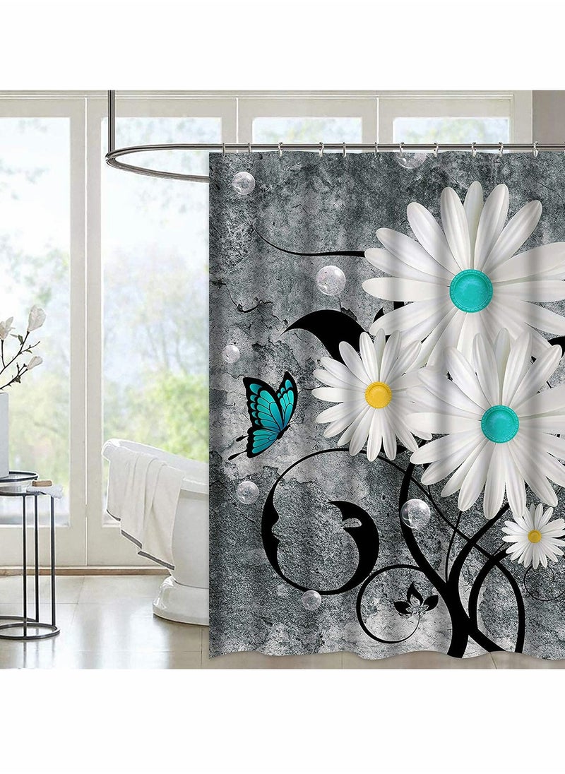 Floral Butterfly Shower Curtain, White Daisy Design for Rustic Farmhouse Bathroom, Waterproof Fabric with 12 Hooks, 72