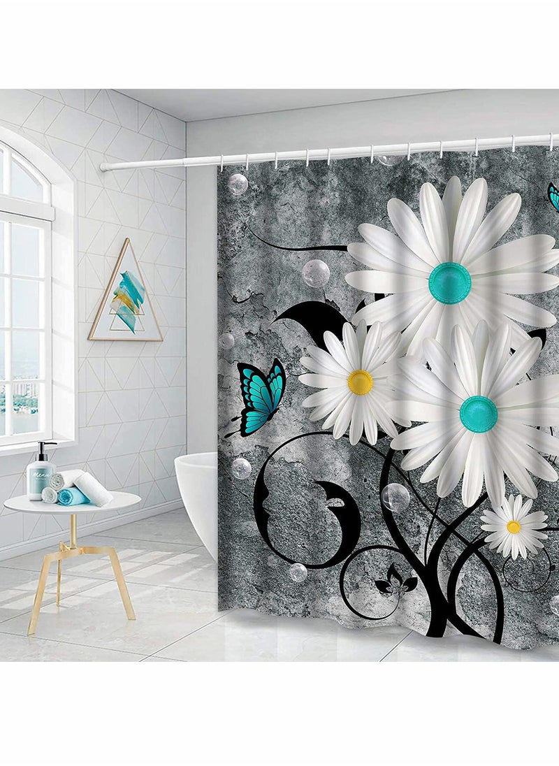 Floral Butterfly Shower Curtain, White Daisy Design for Rustic Farmhouse Bathroom, Waterproof Fabric with 12 Hooks, 72
