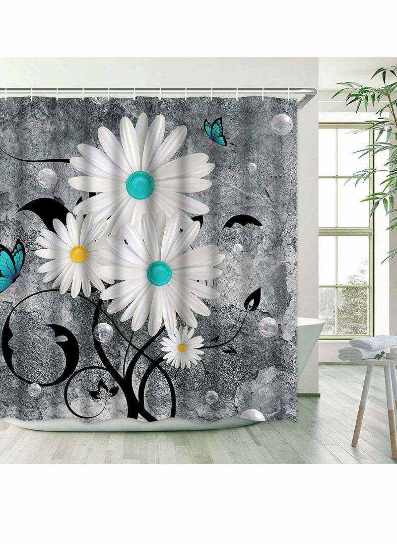 Floral Butterfly Shower Curtain, White Daisy Design for Rustic Farmhouse Bathroom, Waterproof Fabric with 12 Hooks, 72