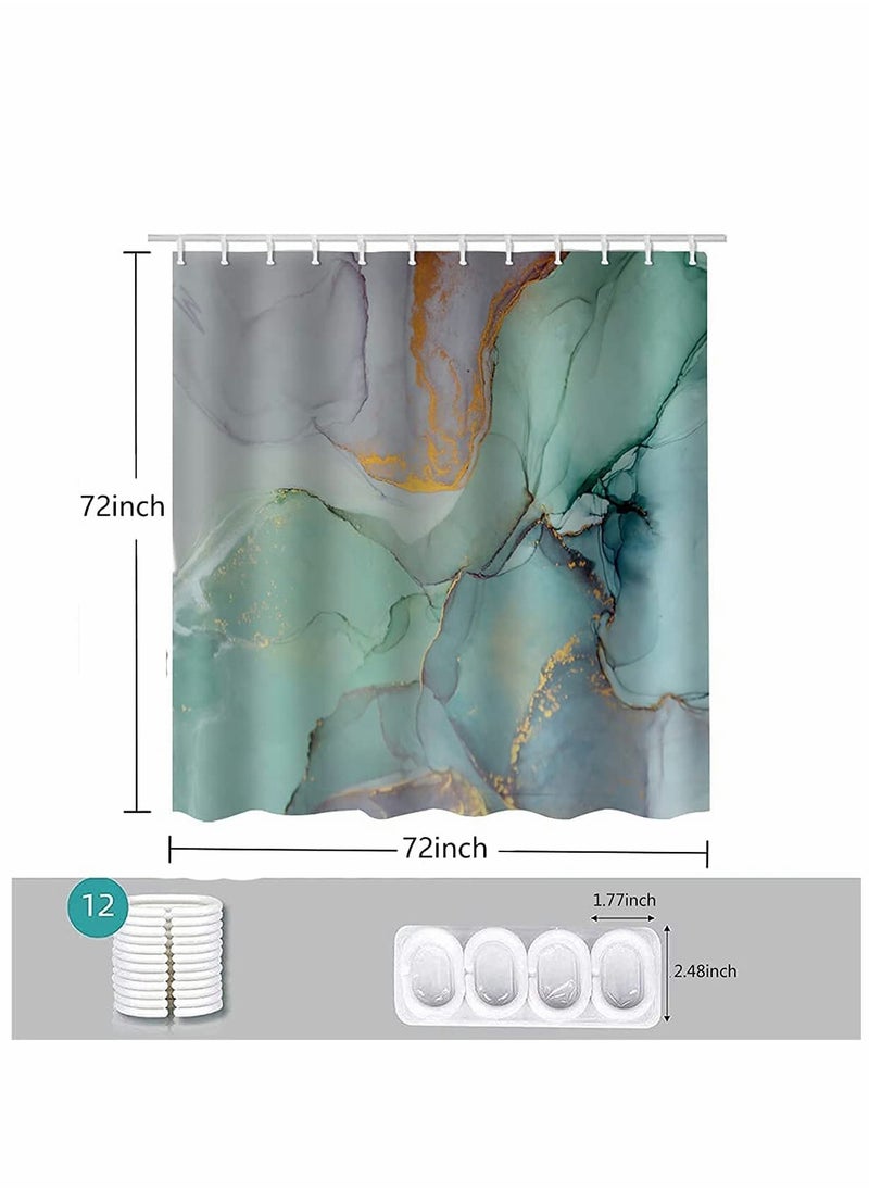 Shower Curtain, 180cm Bathroom Decor Set, Green Colourful Marble Shower Curtains with 12 Hooks Watercolor Abstract Ink Paint Jade Printing Decor