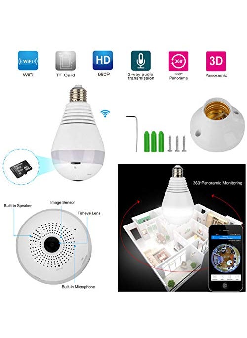 Maizic 360 Degree Wide Angle Fisheye WiFi IP Hidden Camera Bulb 960P HD Indoor Spy Security Camera for Android iOS APP Remote View Spy Camera Support MAX 128GB