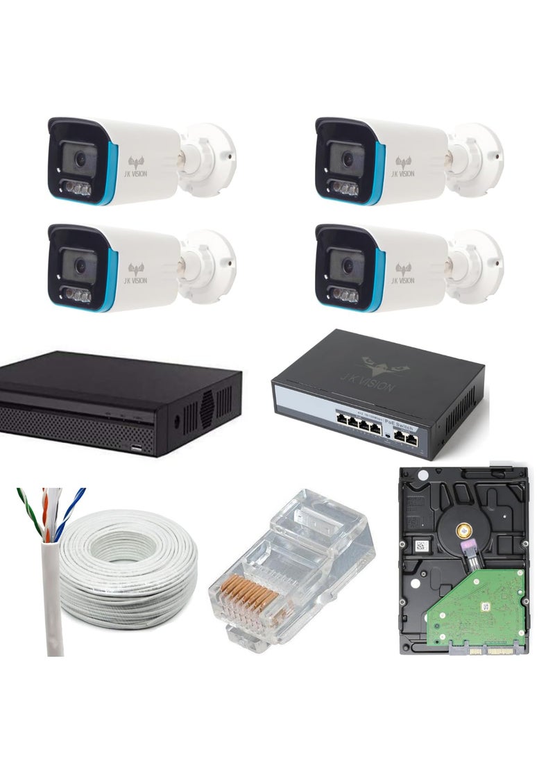 JK Vision 5MP IP Hybrid Light Night Color Vision ColorVu CCTV Camera System for Home Office School 4 Bullet 1TB Hard Disk 8 Channel POE NVR Cat 6 100Mtr Cable BNCDC