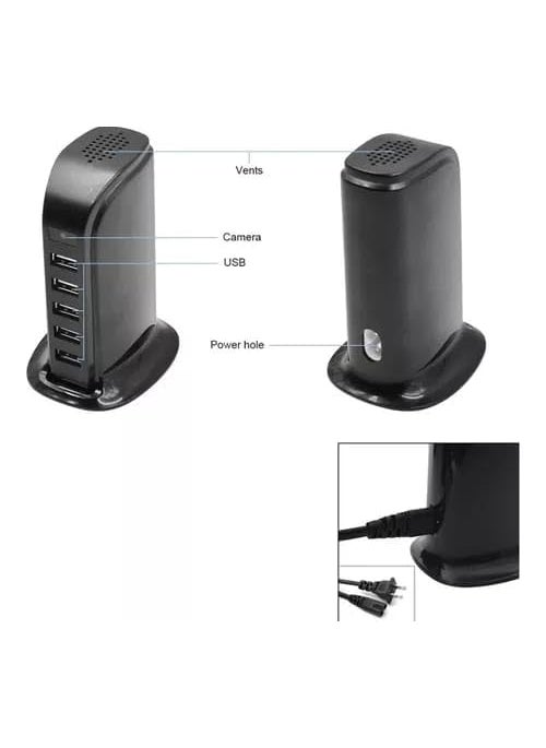 SAFETY NET SPY CAMERA WiFi USB Charger Camera Indoor Security Camera 1080P HD Video Recording APP Remote View Motion Detection Alarm Push 5Port USB Charging Station Secret Nanny Camera