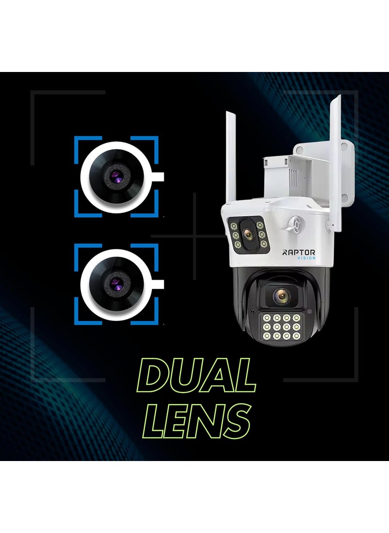 Raptor Vision RVMADUALPT4G02 2MP 2MP Dual Lens 4G PTZ Security Camera with 10x Zoom TwoWay Audio Motion Detection and Dual SIM Support