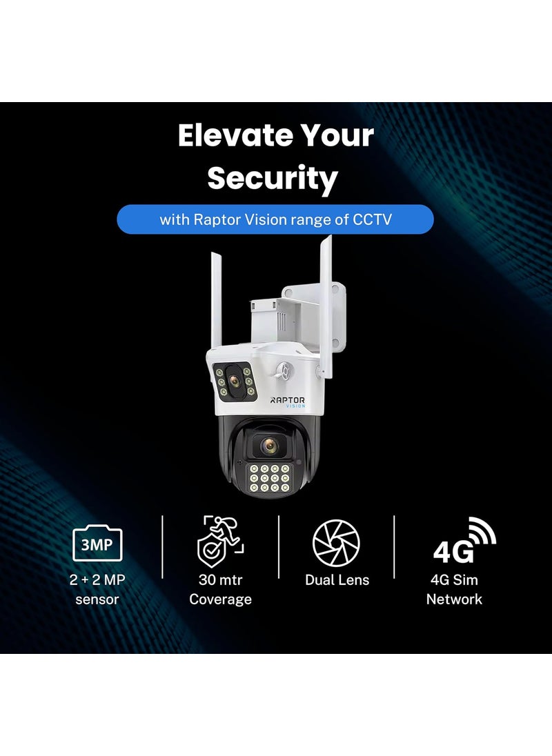 Raptor Vision RVMADUALPT4G02 2MP 2MP Dual Lens 4G PTZ Security Camera with 10x Zoom TwoWay Audio Motion Detection and Dual SIM Support