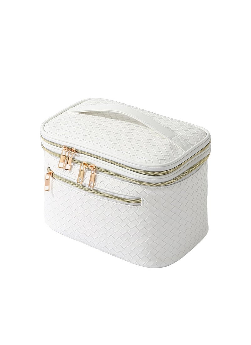 Hanging Travel Toiletry Bag, Travel Makeup Bag and Jewelry Bag for Women, Large Make Up Bag Organizer Double Layer PU Toiletry Bags,  for Traveling Women (White)
