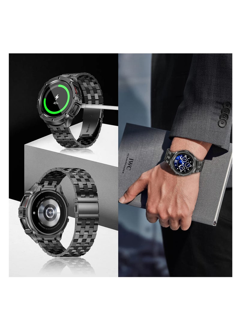 SYOSI Compatible for Samsung Galaxy Watch 5 Pro 45mm Band with Case, Stainless Steel Rugged Metal Watch Band with Protective Bumper Cover Replacement Strap for Men