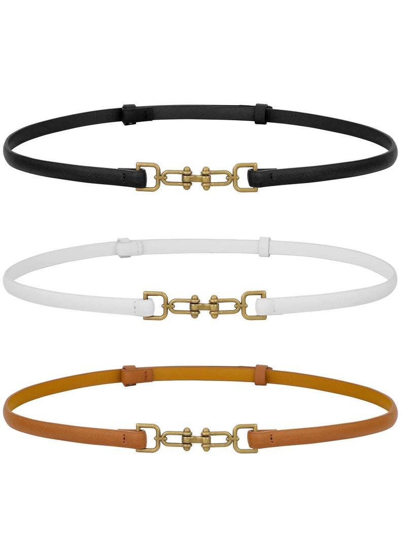 3 Pack Leather Skinny Women Belt Adjustable Thin Waist Belts with Alloy Buckle for Blouse Dresses