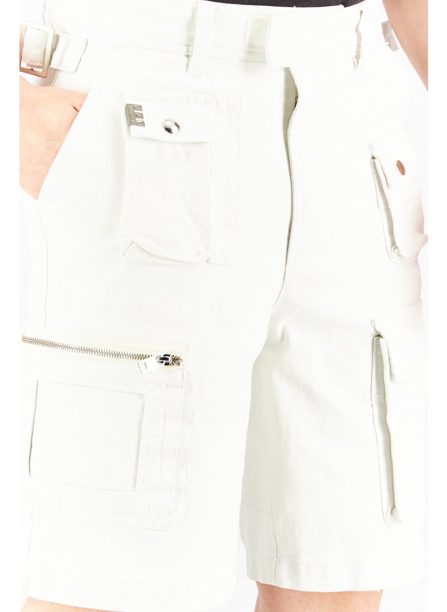Men Regular Fit Solid Denim Cargo Shorts, White