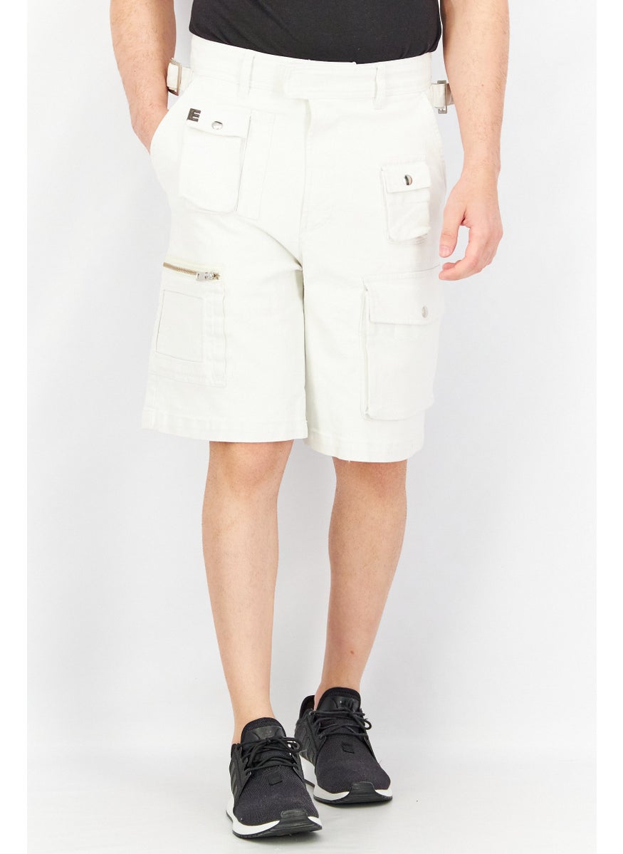 Men Regular Fit Solid Denim Cargo Shorts, White