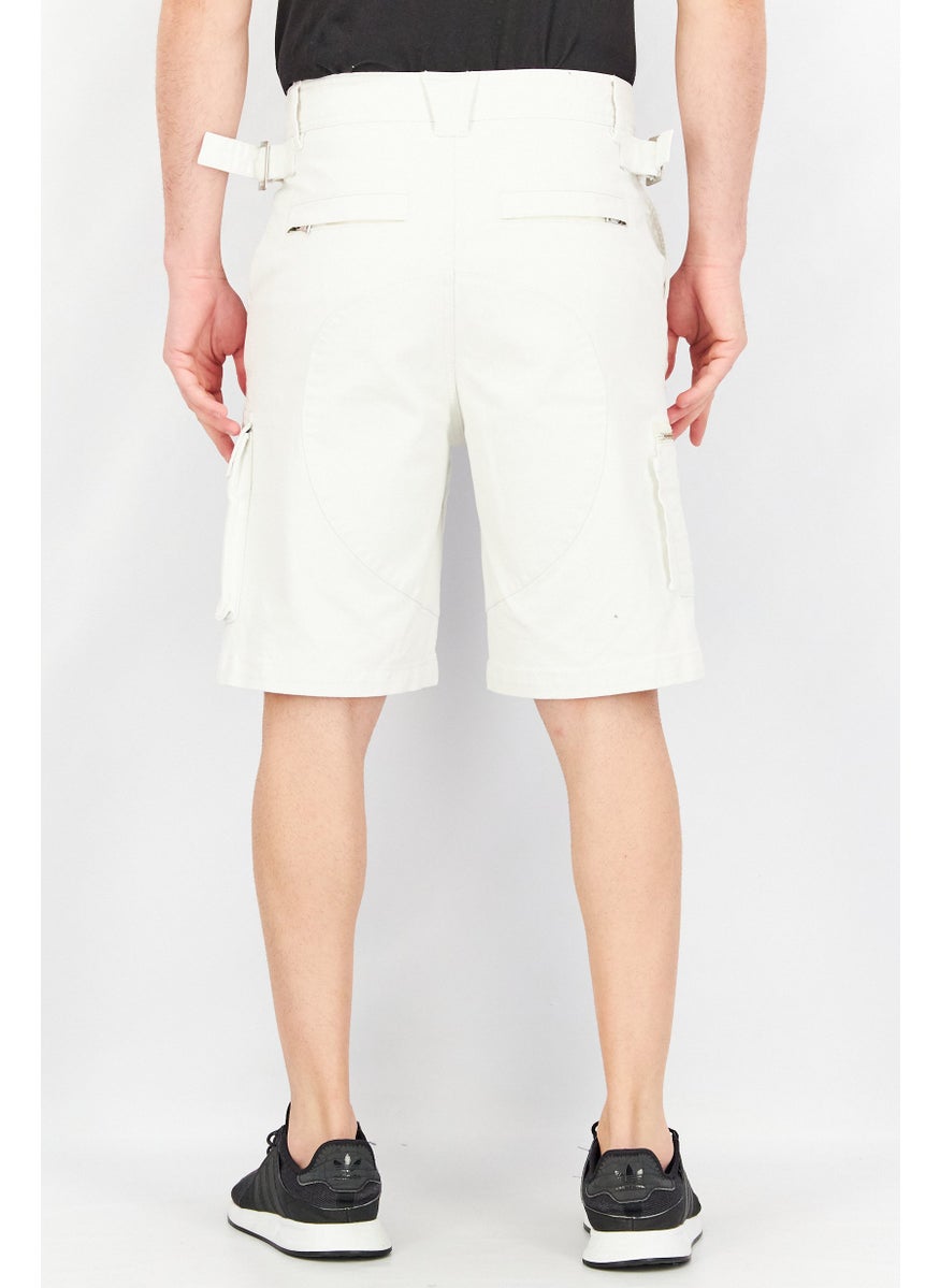 Men Regular Fit Solid Denim Cargo Shorts, White