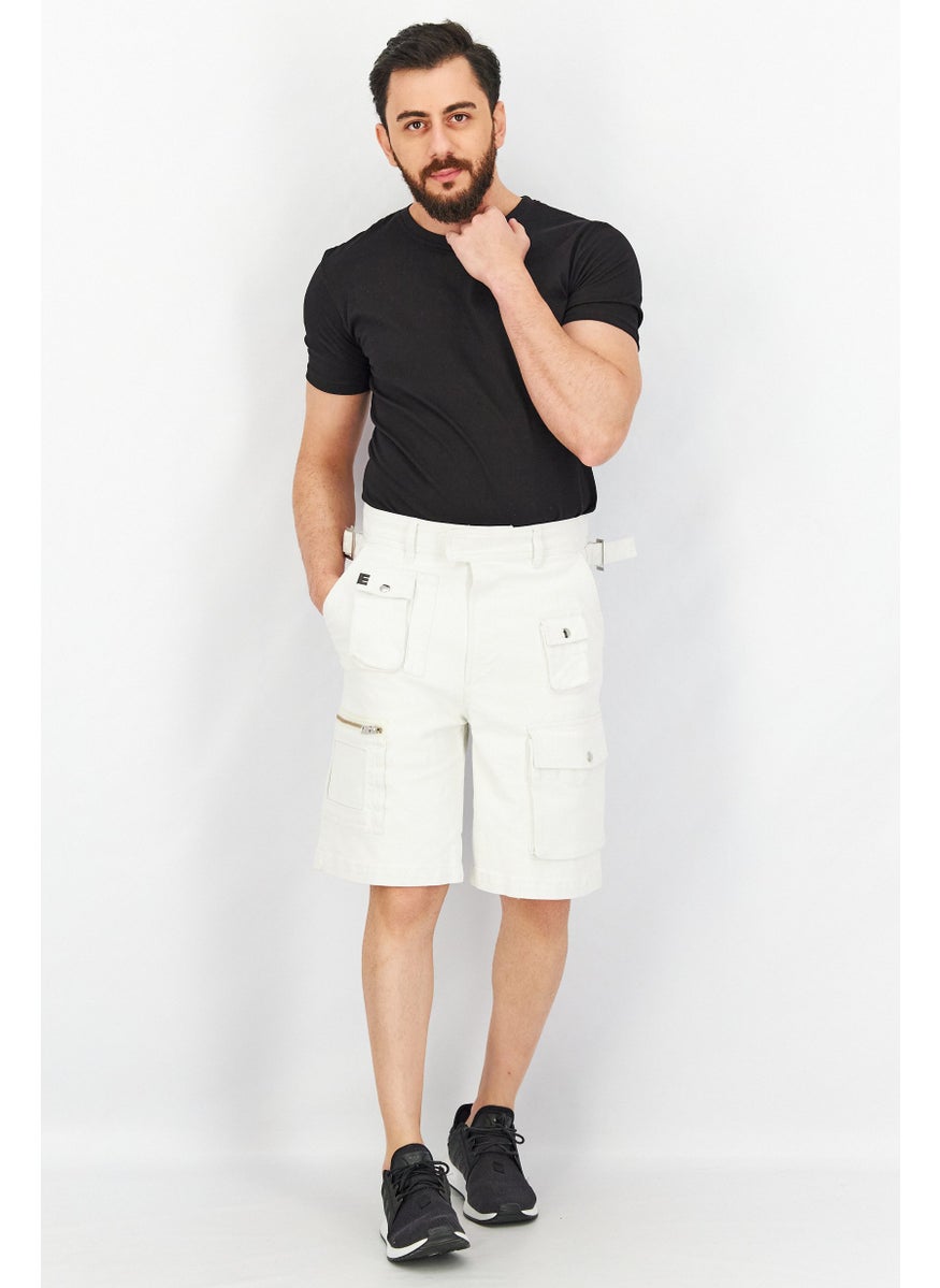 Men Regular Fit Solid Denim Cargo Shorts, White