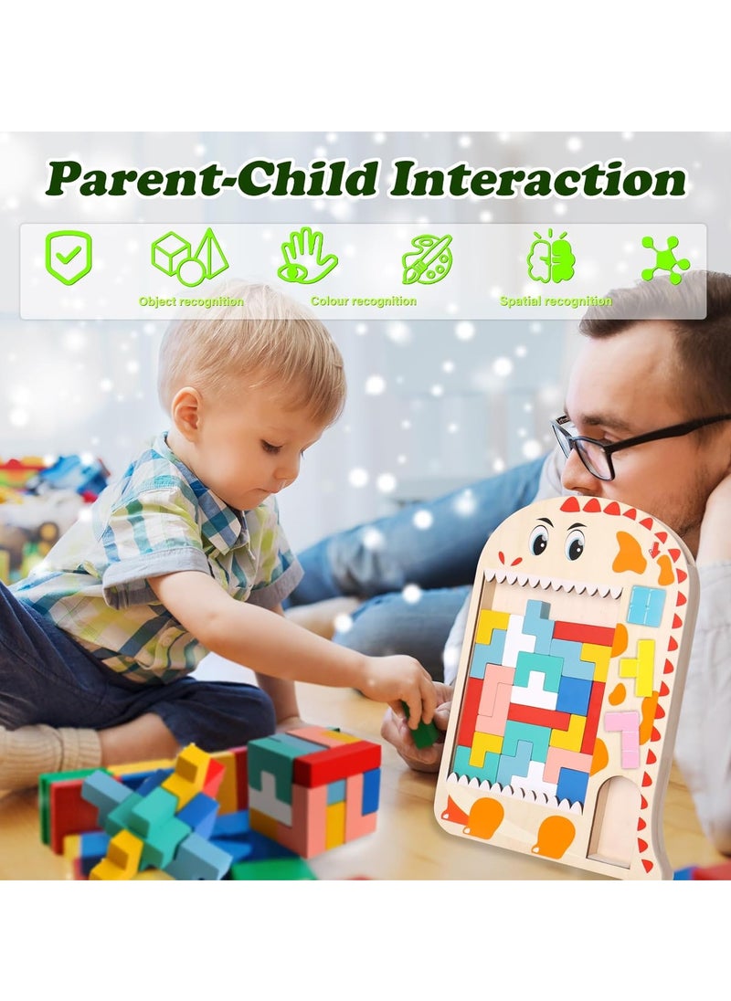 Wooden Tetris Puzzle, Tangram Brain Teaser Toy, Busy Board Wooden Toy, 3 in 1 Montessori Toys for 1-6 Years Old Kids, 3D Jigsaw Brick Puzzle, Developmental Toy, Educational Toy Gift for Boys Girls