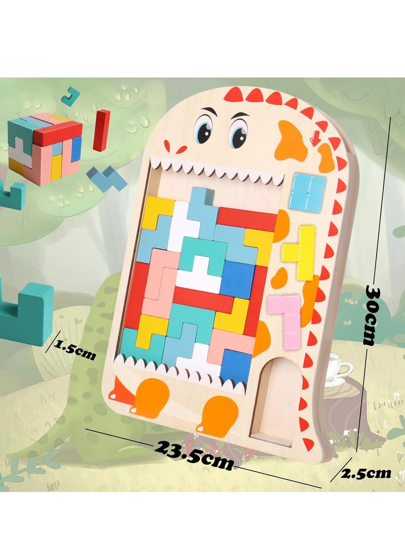 Wooden Tetris Puzzle, Tangram Brain Teaser Toy, Busy Board Wooden Toy, 3 in 1 Montessori Toys for 1-6 Years Old Kids, 3D Jigsaw Brick Puzzle, Developmental Toy, Educational Toy Gift for Boys Girls