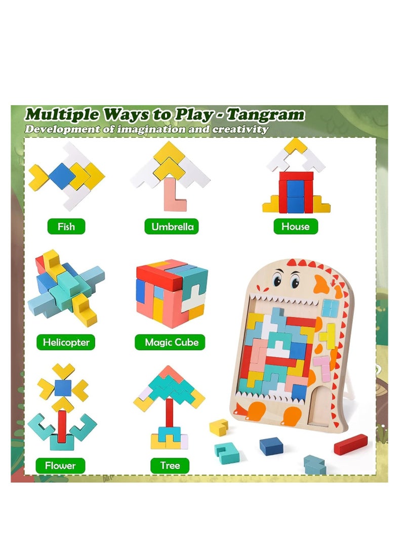 Wooden Tetris Puzzle, Tangram Brain Teaser Toy, Busy Board Wooden Toy, 3 in 1 Montessori Toys for 1-6 Years Old Kids, 3D Jigsaw Brick Puzzle, Developmental Toy, Educational Toy Gift for Boys Girls