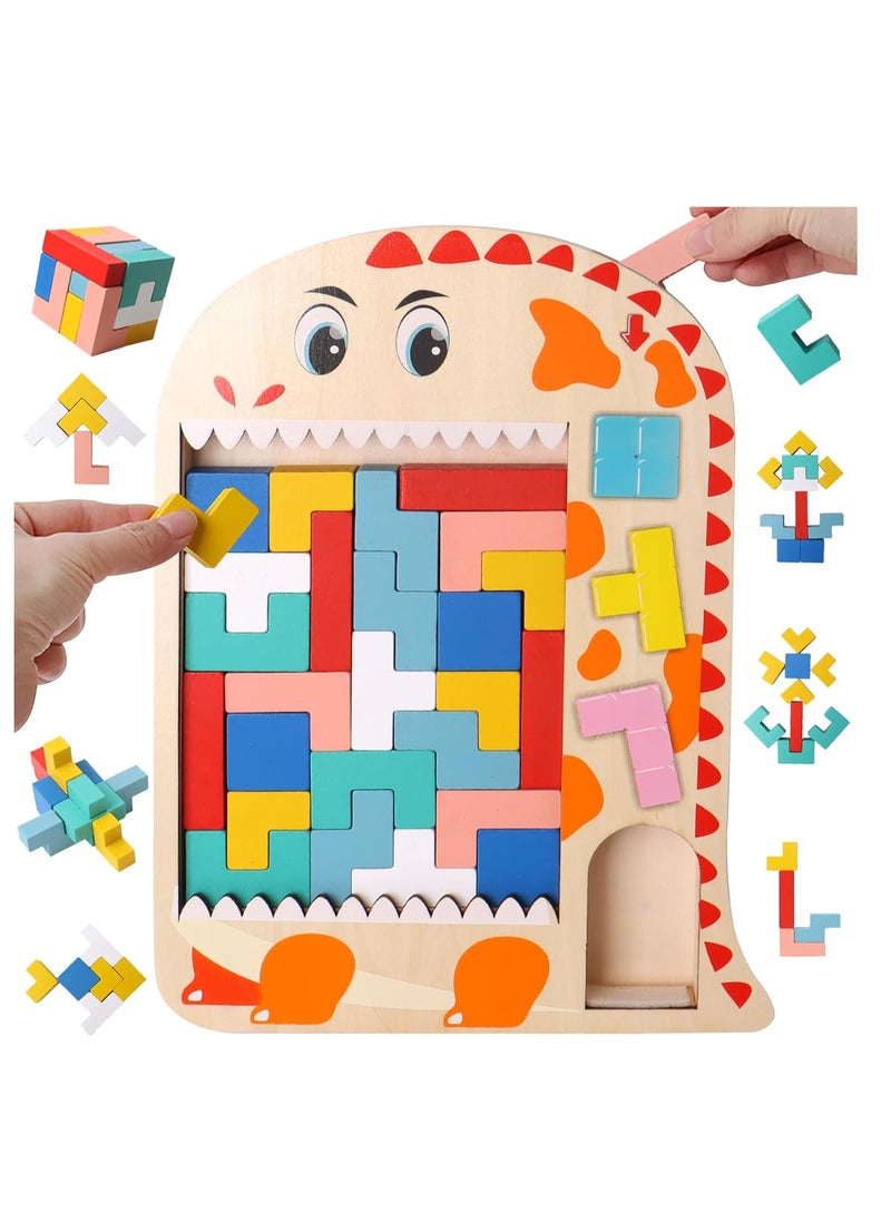 Wooden Tetris Puzzle, Tangram Brain Teaser Toy, Busy Board Wooden Toy, 3 in 1 Montessori Toys for 1-6 Years Old Kids, 3D Jigsaw Brick Puzzle, Developmental Toy, Educational Toy Gift for Boys Girls